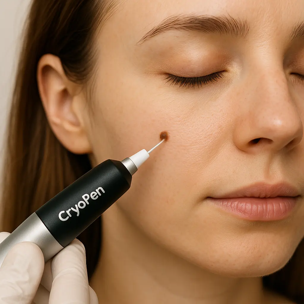 woman receiving facial mole removal Westbourne Green using cryopen 